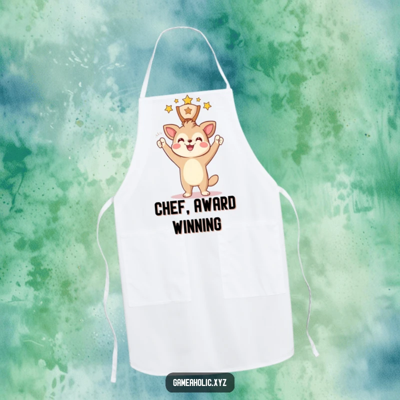 Funny Apron decorated with an animal character triumphantly holding a digital award and smiling, practical and amusing.