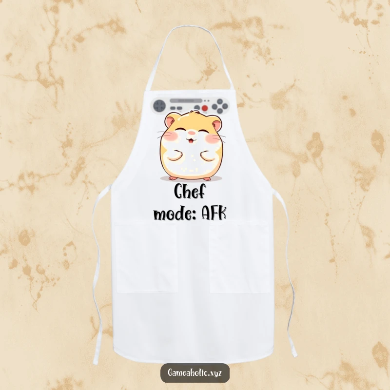 Funny round hamster with rosy cheeks, eyes closed in gaming bliss, depicted on a kitchen apron.