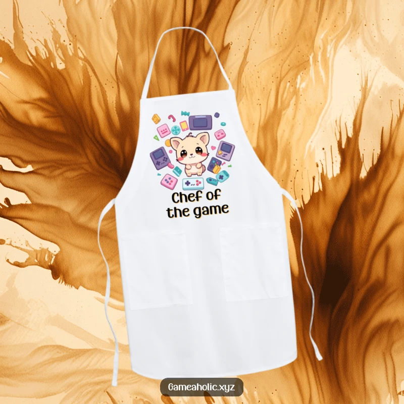 Funny Apron: Wide-eyed animal character looks bewildered as game icons rain down, perfect for kitchen fun and a gamer's gift.