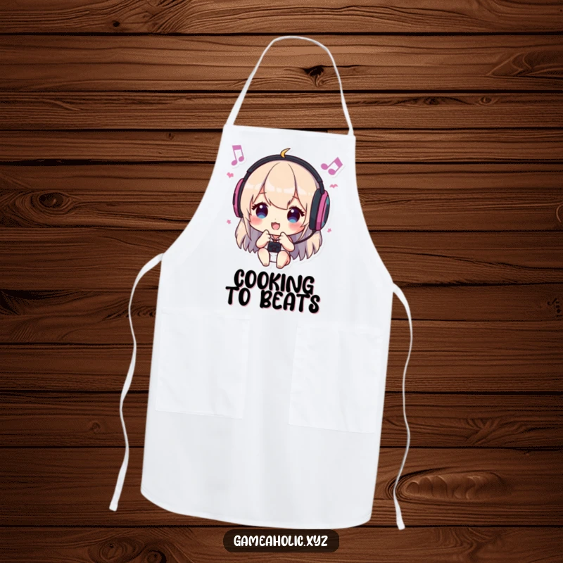 Funny apron featuring a character with headphones, headbanging to game music, ideal for chefs and gamers who love to multitask.