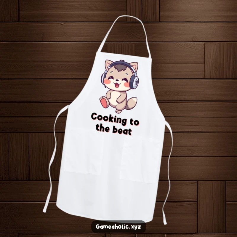 Funny music animal apron showing a cheerful character with oversized headphones tapping its foot, adding musical humor to cooking.