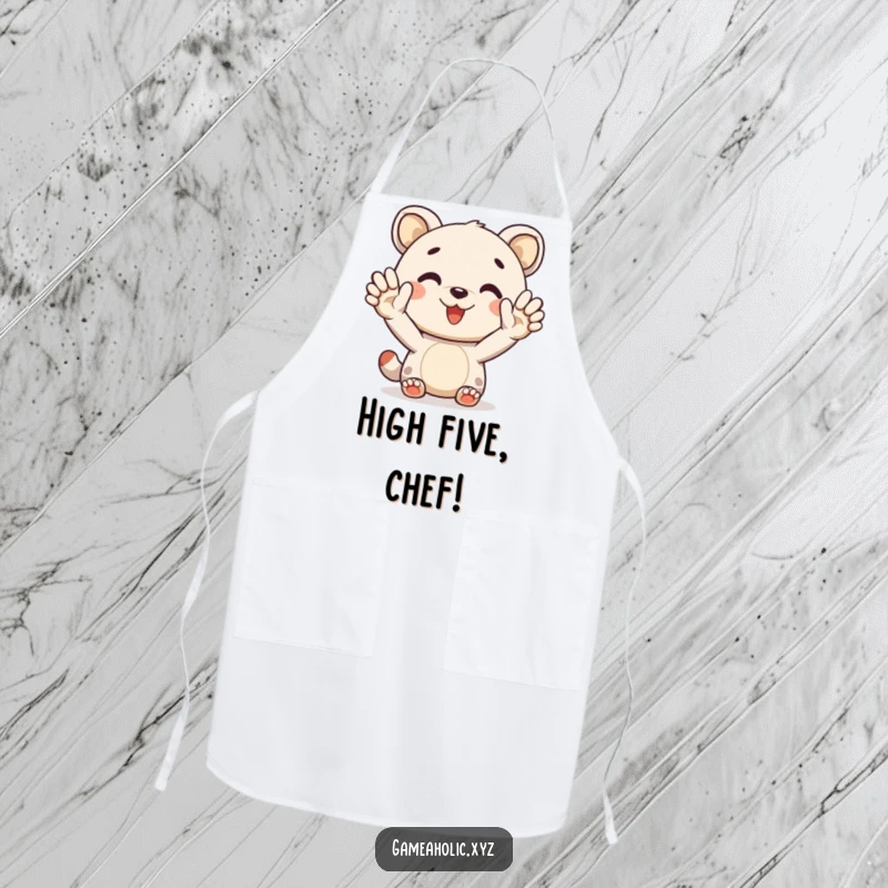 Funny apron depicting a cheerful animal character offering a virtual high-five, adding humor to kitchen activities.