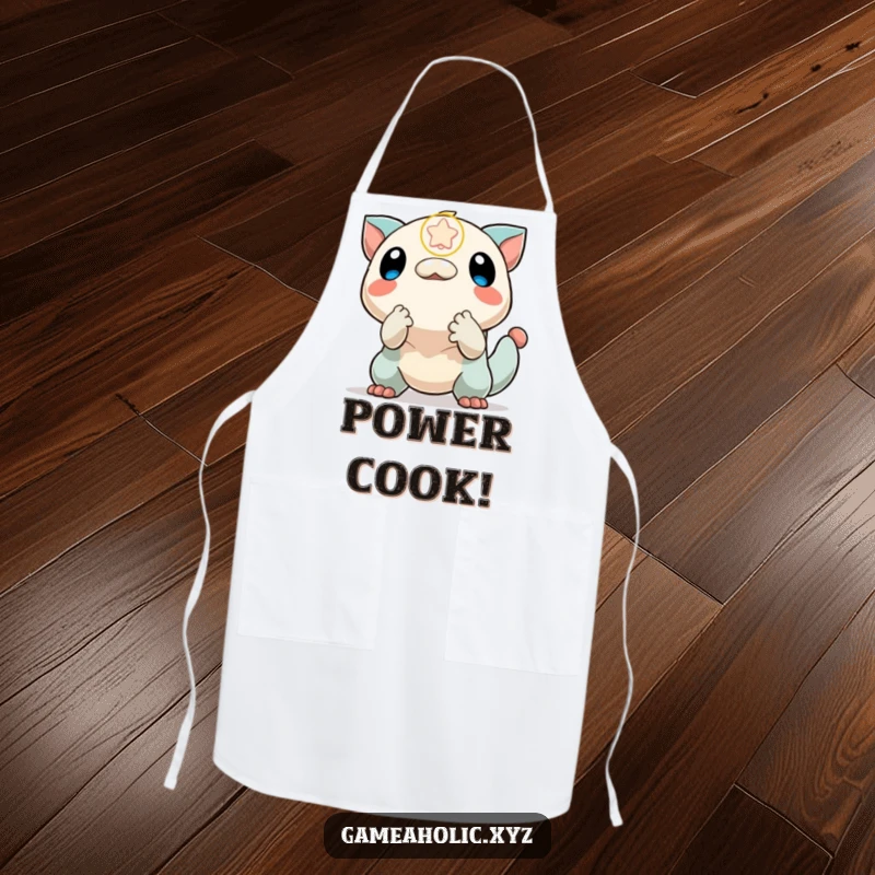 Funny apron with a creature excitedly reaching for a falling power-up icon, ideal for chefs who love gaming and bonus points.