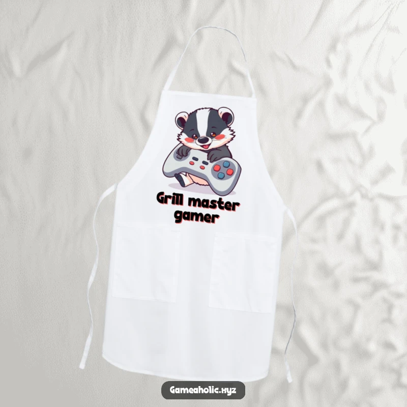 Funny Apron featuring a cute badger enthusiastically playing a video game, suitable for kitchen fun and gamer gifts.
