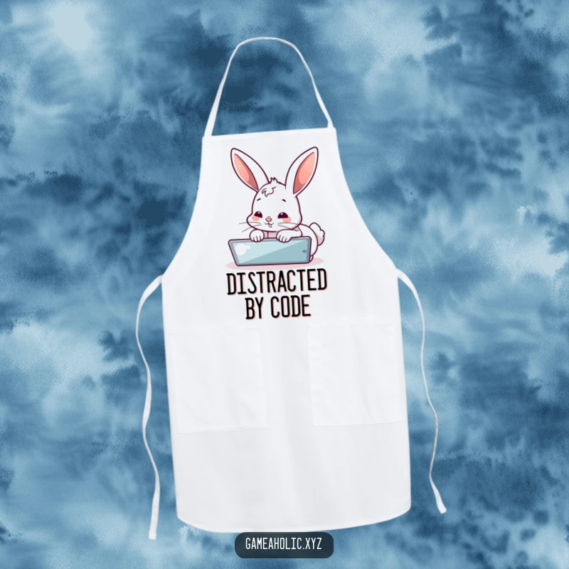 Funny apron with a bubbly bunny intensely focused on a digital screen, a humorous kitchen companion. A practical funny gift.