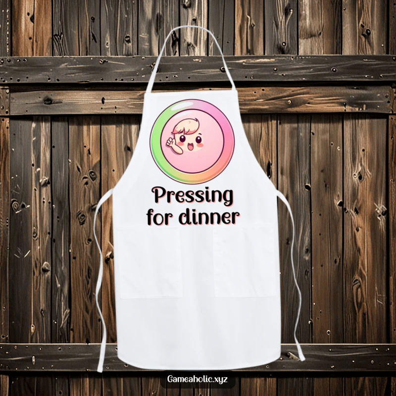 Funny Apron decorated with a small character enthusiastically pressing a large, colorful button, practical and amusing.