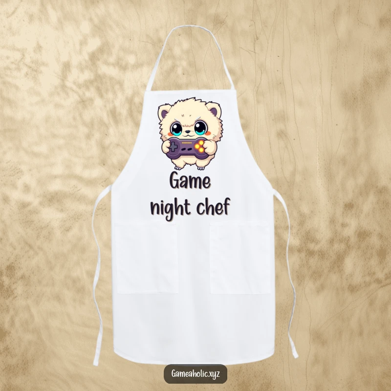 Funny apron with a fuzzy creature button mashing a game controller, symbolizing gamer multitasking in the kitchen, a fun gift.