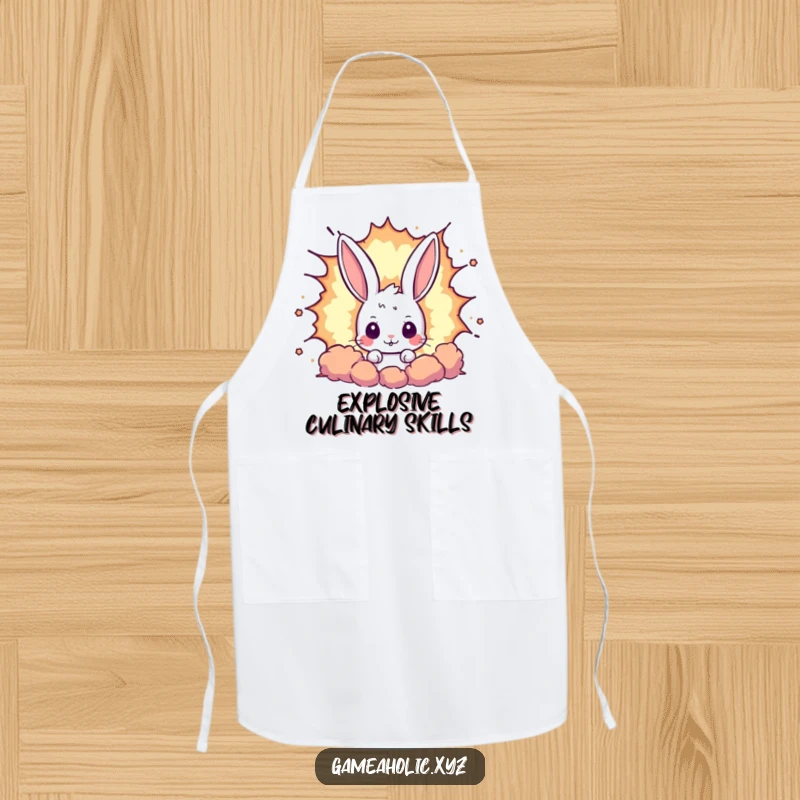 Funny rabbit apron featuring a curious bunny peeking from a large pixelated explosion, ideal for humorous and retro-themed cooking.