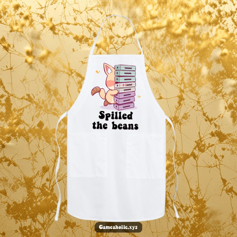 Funny tripping gamer apron showing a clumsy animal character comically tripping while carrying a stack of game cartridges.