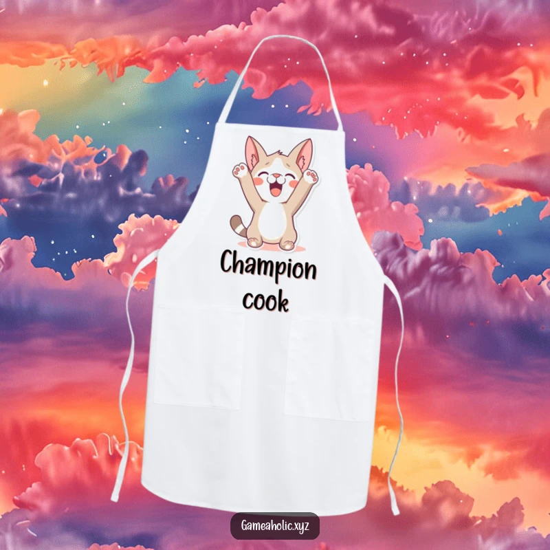 Funny Apron: A character humorously celebrating a win with paws in the air, perfect for inspired kitchen victories.