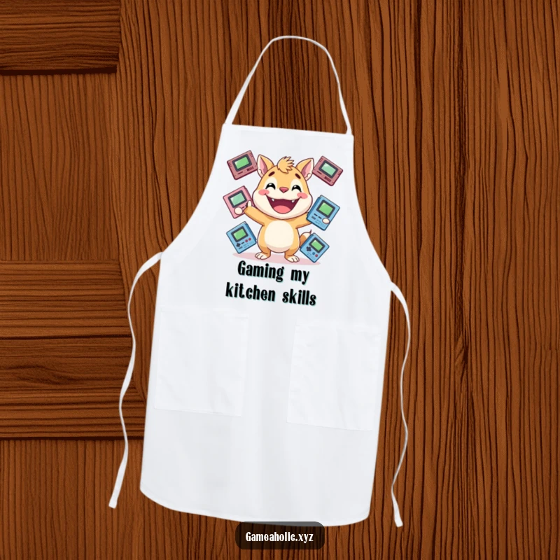 Funny gamer animal apron showing an energetic animal with a huge grin, juggling game cartridges, a humorous funny gift.