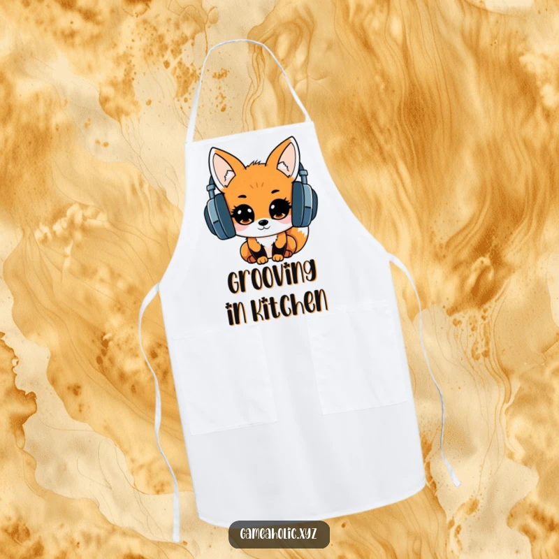 Cute kawaii fox wearing headphones, eyes sparkling with excitement, depicted on a kitchen apron, perfect for music chefs.