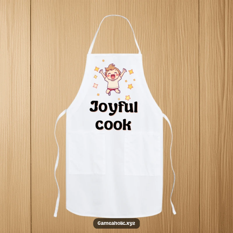 Funny Apron: Character leaping joyfully, surrounded by pixelated stars, perfect for kitchen celebrations.