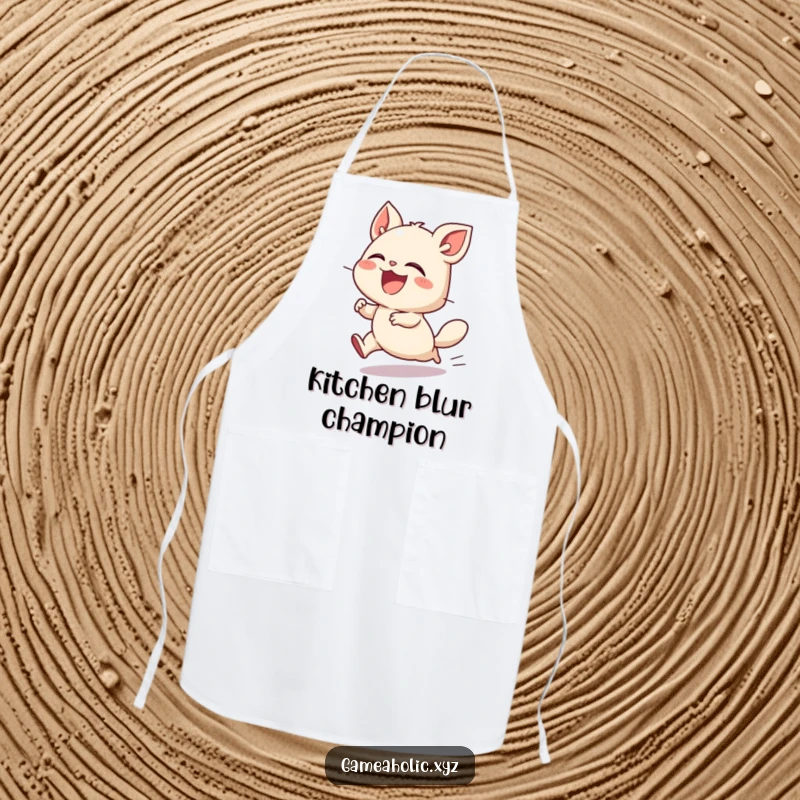 Funny apron showing a creature laughing with glee while playing at a rapid pace, perfect for the fast-paced chef.