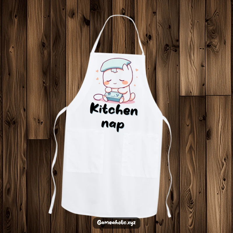 Funny apron with a sleepy creature having a pillow for a head, playing a game, symbolizing gamer multitasking in the kitchen.