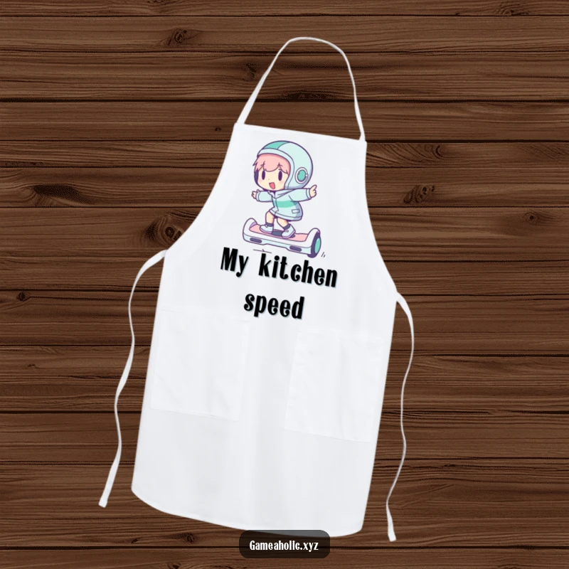 Funny apron with a character zipping on a hoverboard, designed for cooks who like to move fast and have fun.