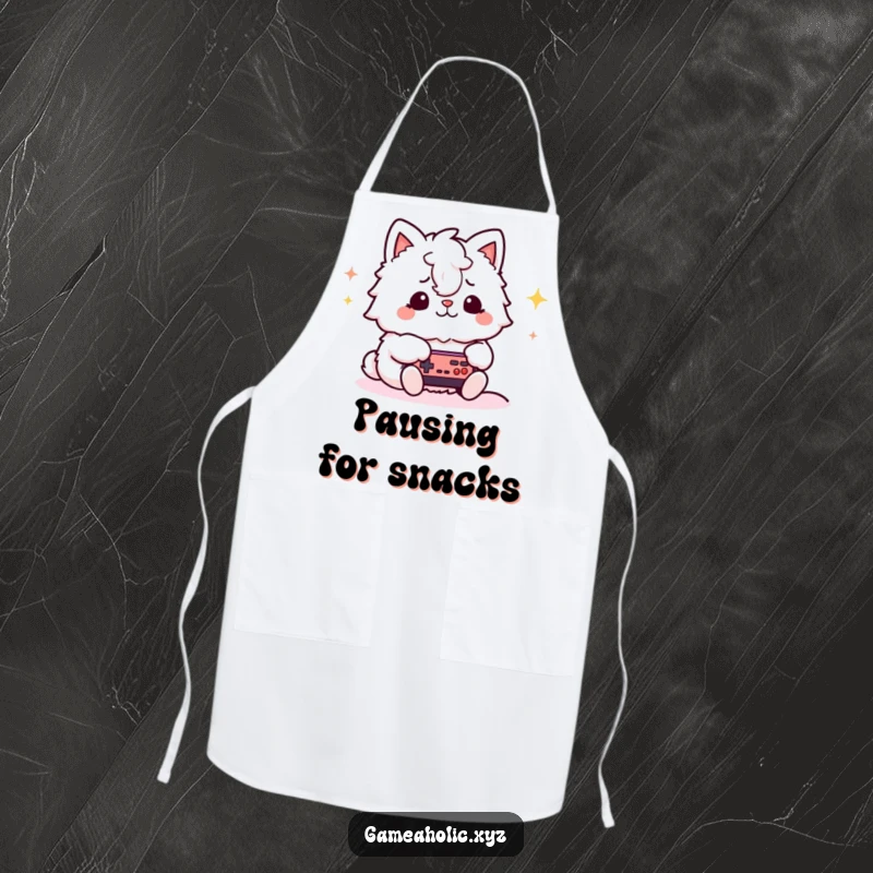 Funny gamer animal apron showing a fluffy character with a focused expression, playing a video game while possibly cooking, adding humor to the kitchen.