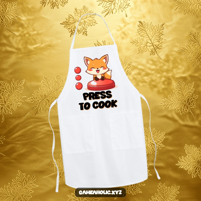 Funny fox apron showing a giggling fox eagerly pressing a huge red button, perfect for a humorous and adventurous cooking experience.