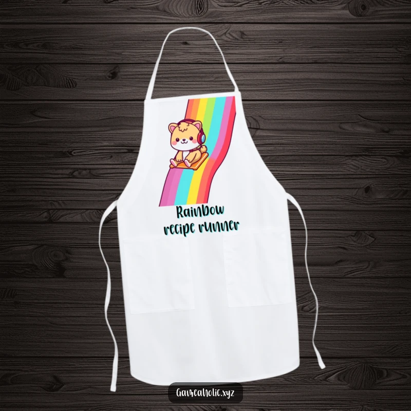 Funny kitchen apron showing a cheerful animal with a headset, sliding down a rainbow pixelated slide, for cooks.