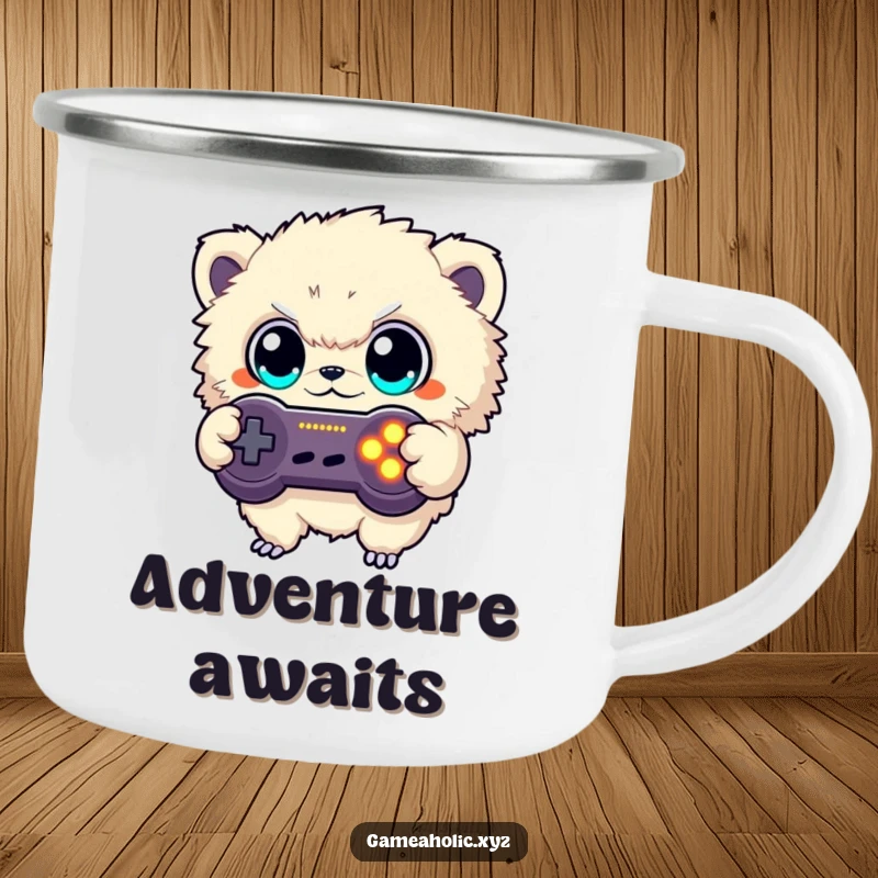 Funny camping mug with a fuzzy creature button mashing a game controller, ready for adventure and gaming on the go.