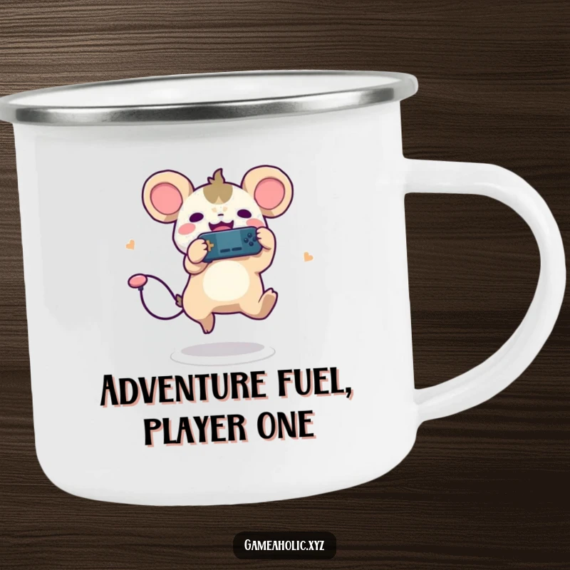 Funny enamel camping mug with a cute creature, round ears, leaping joyfully with a game controller, for outdoors.