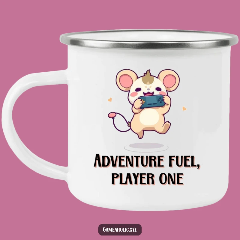 Funny Gamer Creature Enamel Camping Mug - Joyful Leaping Player, Outdoor Gift!