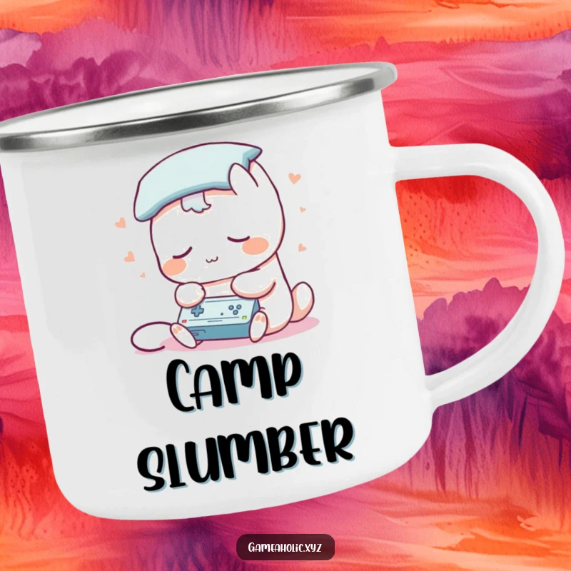 Funny camping mug with a sleepy creature having a pillow for a head, playing a game, perfect for tired adventurers.