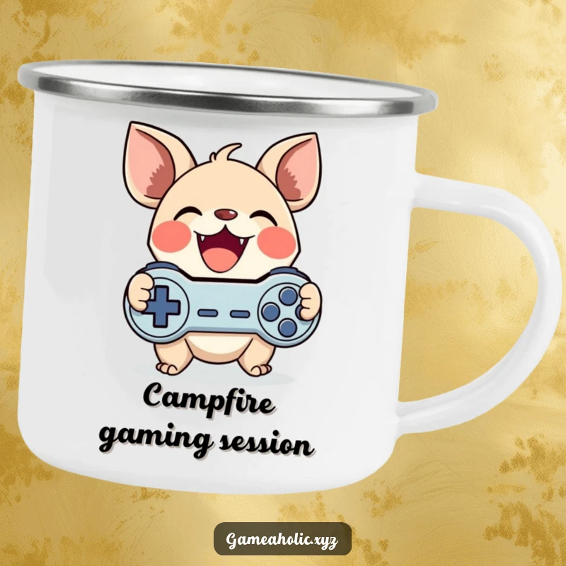 Funny gamer creature camping mug with a cute character with large ears gleefully clutching a game controller, great for a funny outdoor gift.