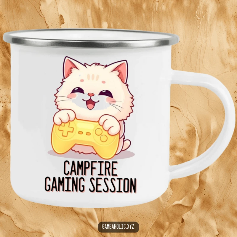 Durable camping mug featuring a funny cat with paws on a glowing game controller, grinning widely, for outdoor gamers.
