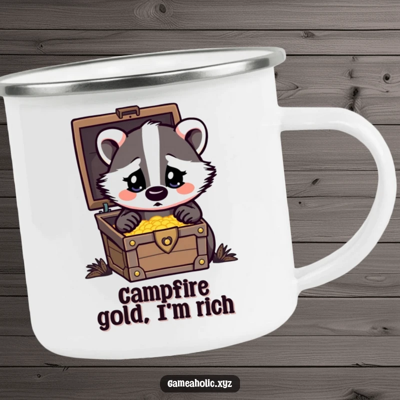 Funny Camping Mug featuring a badger with heart eyes looking at a treasure chest, perfect for treasure hunting outdoors.
