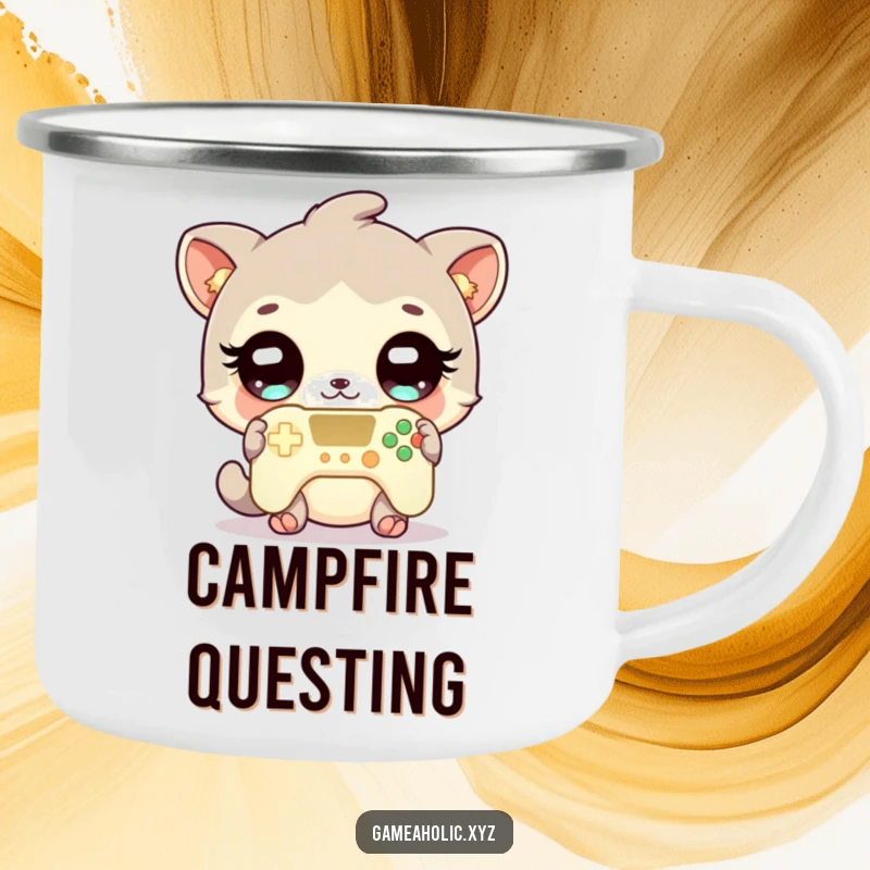 Funny gamer animal camping mug showing a cute character with sparkling eyes, holding a glowing game controller, built for adventure.