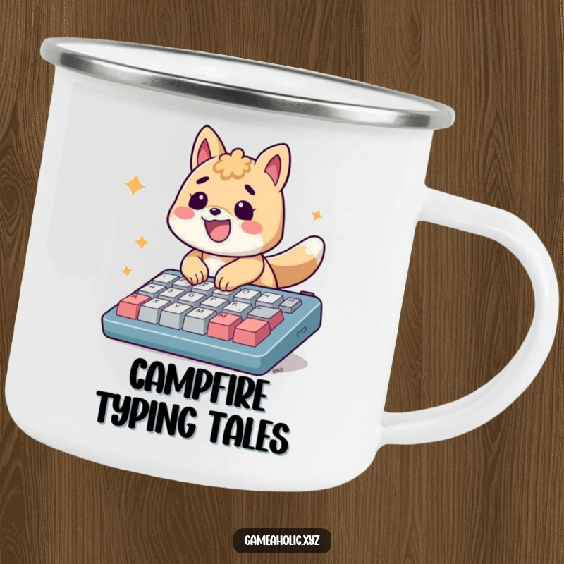 Funny Camping Mug: An energetic animal smiles, typing rapidly on an oversized keyboard with joy.