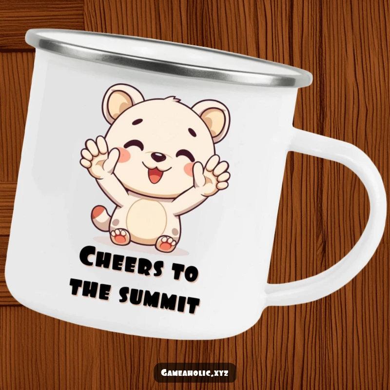 Funny camping mug showing a cheerful animal character offering a virtual high-five, ideal for outdoor cheer and humor.