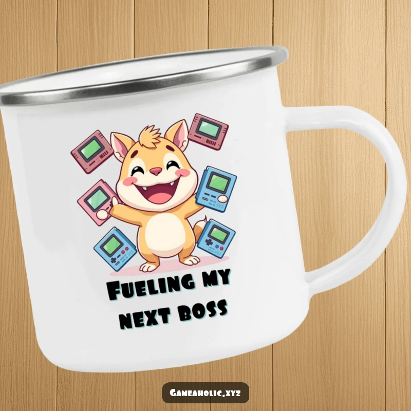 Funny gamer animal camping mug showing an energetic animal with a huge grin, juggling game cartridges, a perfect funny gift.