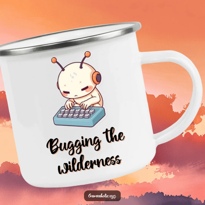 Funny alien typist camping mug showing a small creature with antennae tapping furiously on a tiny keyboard, perfect for outdoor tech fans.