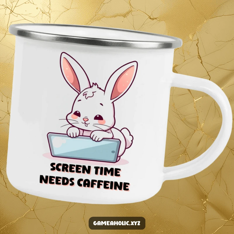 Funny camping mug with a bubbly bunny intently focused on a digital screen, perfect for adventures. A rugged funny gift.