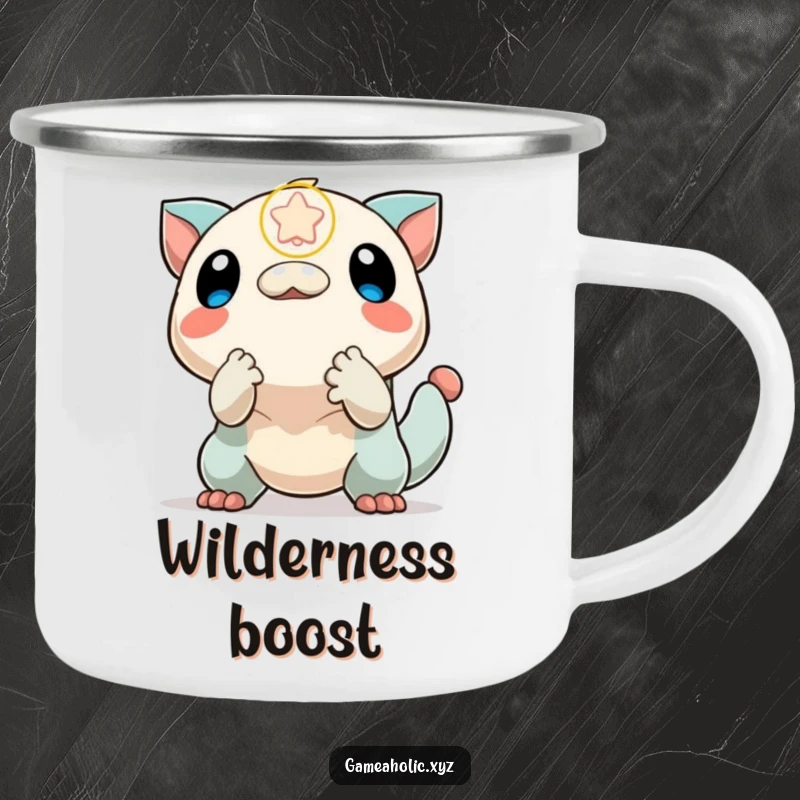 Funny camping mug with a creature excitedly reaching for a power-up icon, symbolizing the thrill of discovery and gaming.