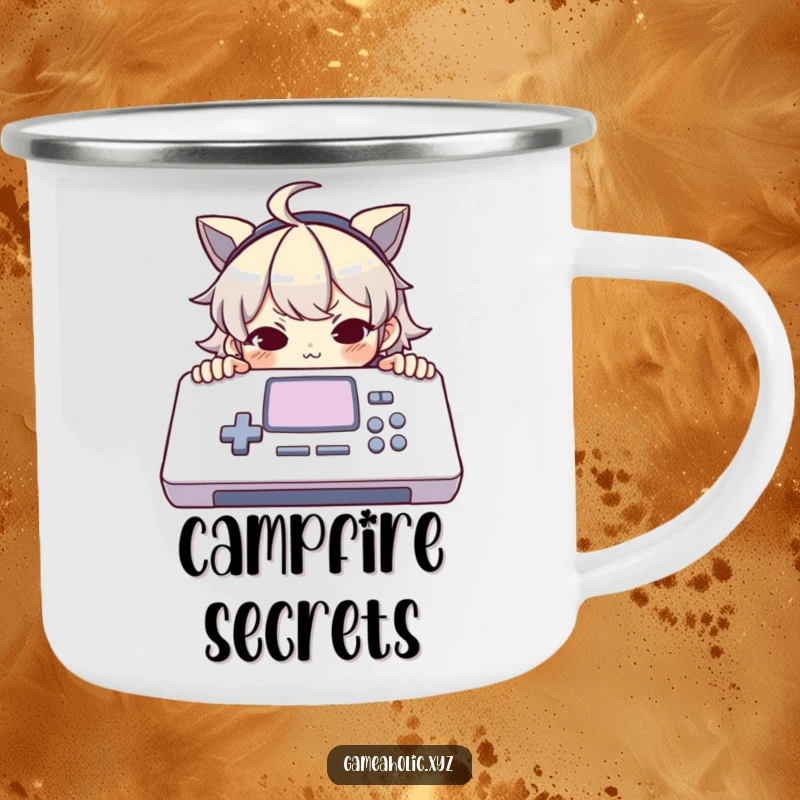 Funny camping mug with a character peeking over a large console with a mischievous smirk, perfect for outdoor gaming enthusiasts.