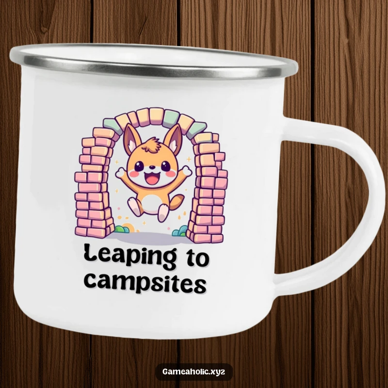 Funny Enamel Camping Mug featuring an excited animal character leaping through a portal made of colorful, digital pixels, for outdoor adventure.