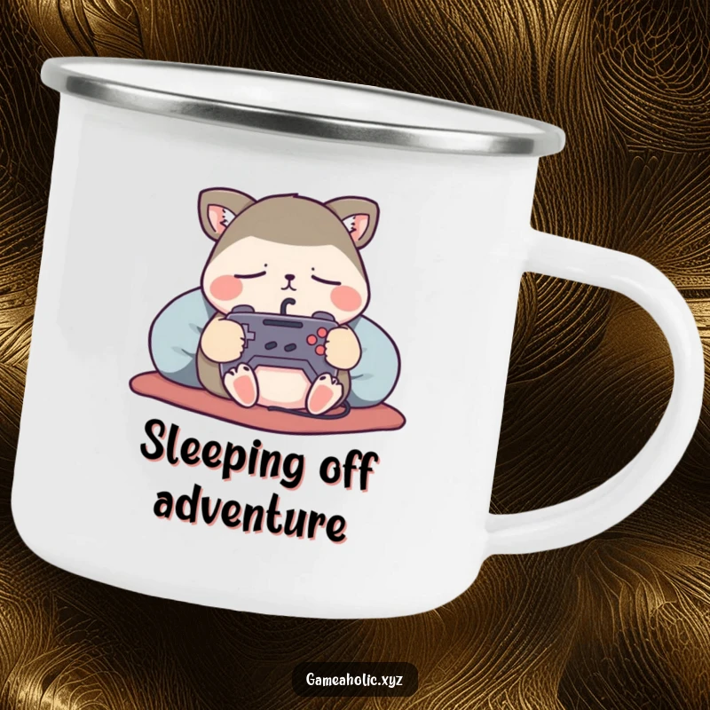 Funny Enamel Camping Mug featuring a content animal character sleeping soundly, holding a tiny game controller, for relaxed outdoor enjoyment.