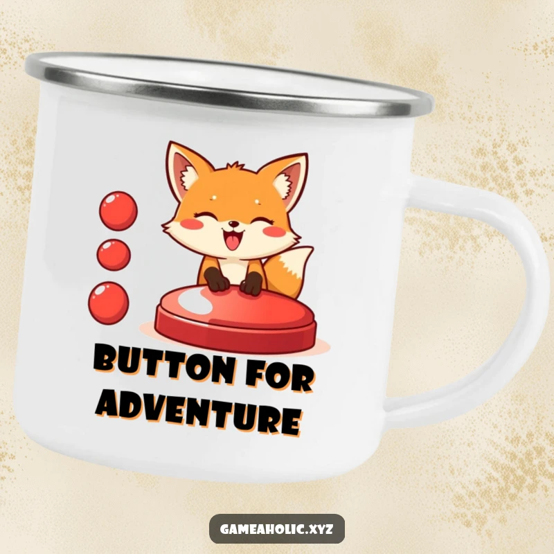 Funny fox camping mug showing a giggling fox enthusiastically pressing a giant red button, perfect for outdoor adventures and bold choices.