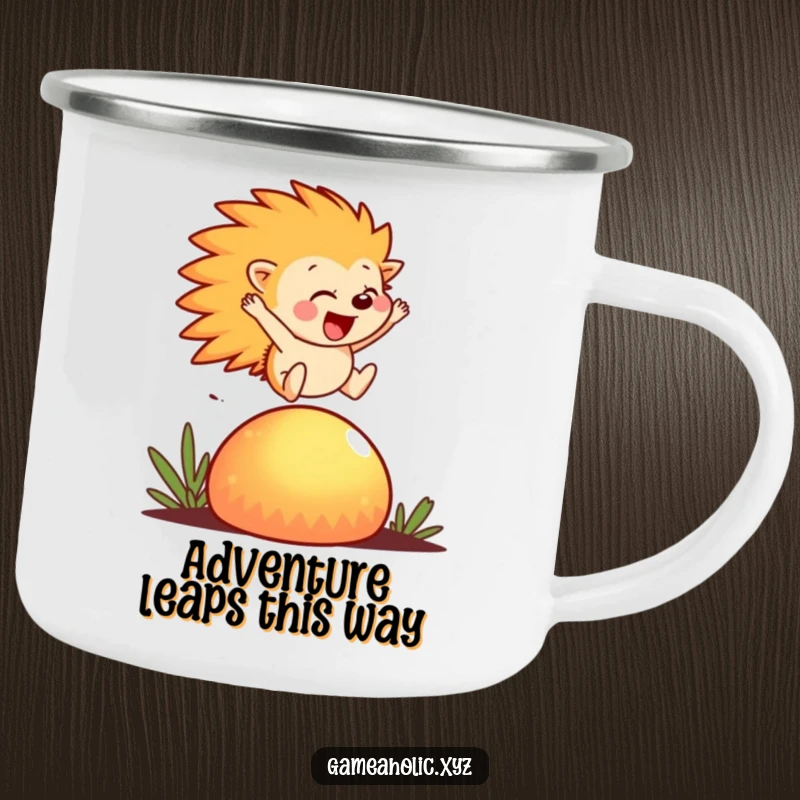 Funny Camping Mug featuring a hedgehog joyfully leaping over a glowing mushroom, perfect for whimsical outdoor sipping.