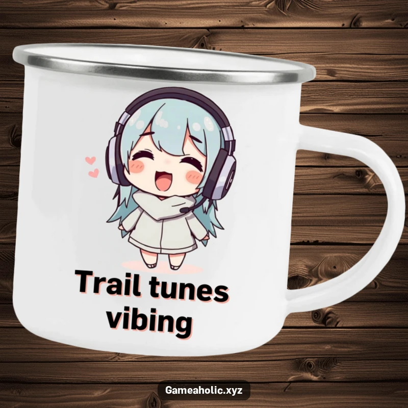 Funny Camping Mug of a delighted character wearing headphones and wiggling happily, perfect for outdoor jam sessions.