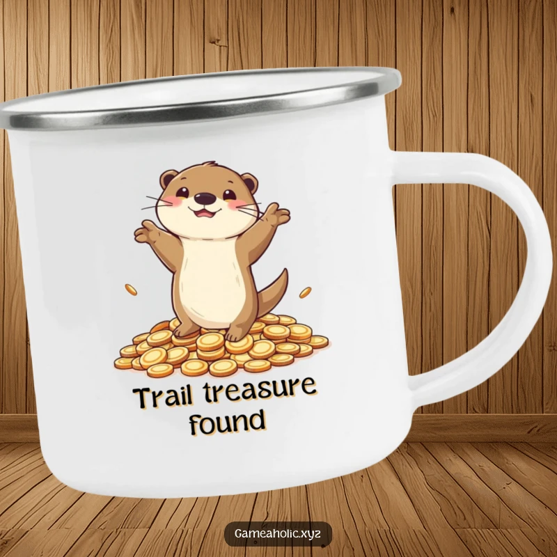 Funny Camping Mug featuring a playful otter dancing on coins, perfect for celebrating outdoor victories.