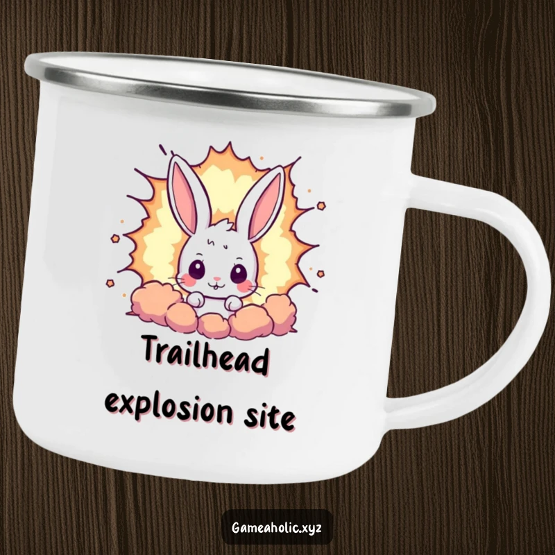 Funny rabbit camping mug showing a curious bunny peeking from behind a large pixelated explosion, ideal for outdoor gaming enthusiasts.