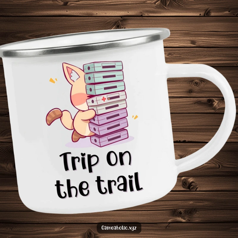 Funny tripping gamer camping mug showing a clumsy animal character comically tripping with a pile of game cartridges, built for outdoor fun.
