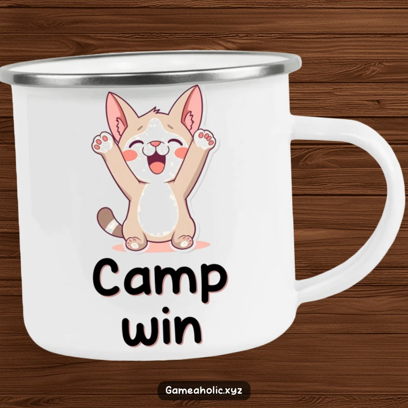 Funny Camping Mug: A character humorously celebrating a win with paws in the air, perfect for toasting outdoor victories.