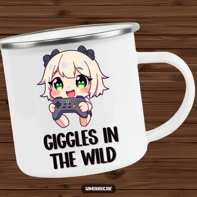 Funny camping mug featuring a giggling character with wide eyes, holding a game controller, perfect for outdoor gaming sessions.