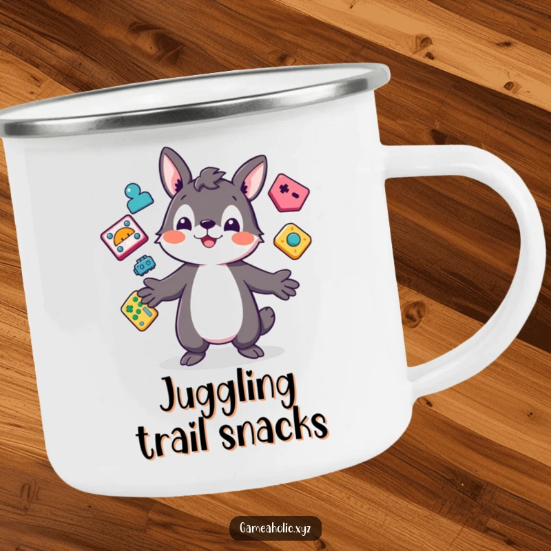 Funny Enamel Camping Mug with a playful animal character juggling colorful, abstract game icons, for outdoor gaming enjoyment.