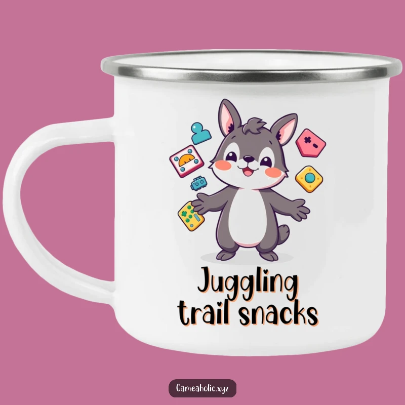Funny Enamel Gamer Camping Mug: Playful Animal Juggling Icons, Great Funny Gift